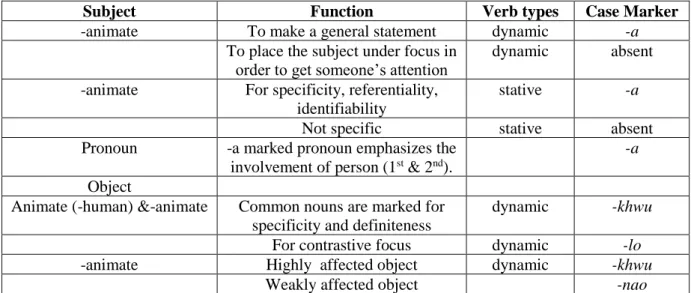 Table 2: Functions of optional case marker 