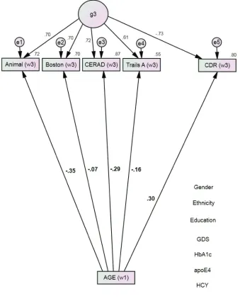Figure 1: Age’s direct associations with future cognition and dementia severity (group 1, n = 1544)