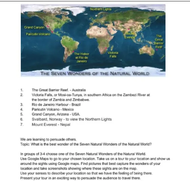 Figure 3. Student social media post suggesting a Google Tour Builder activity based on seven natural  wonders of the world 
