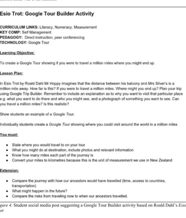 Figure 4. Student social media post suggesting a Google Tour Builder activity based on Roald Dahl’s Esio  Trot 
