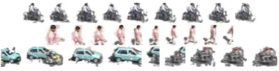 Figure 1: Agents as sequences of isolated fore-ground blobs.Bottom row (agent 130): thesequence is initially tracking a car - but afterit exits, it is erroneously mapped to a motor-cycle.