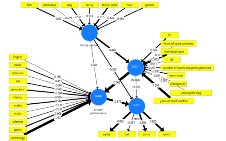 FIGURE 1 | Initial full structural model investigating the impact of physical activity on school performance.