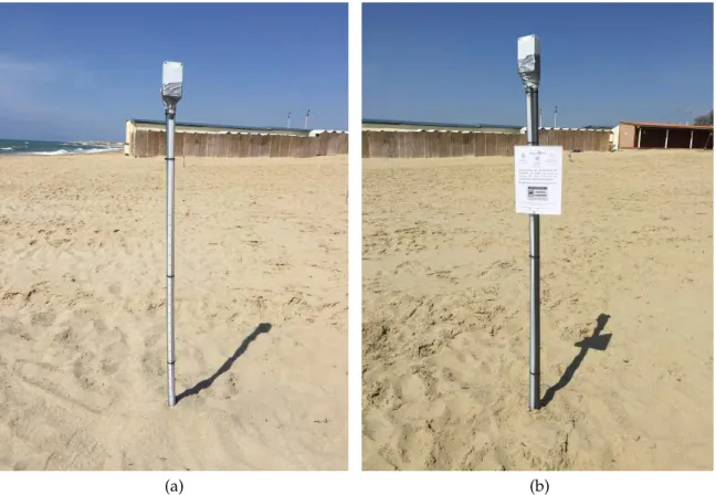Figure 6. The two deployed sensor nodes: (a) Pole 1 and (b) Pole 2.
