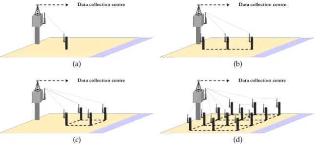 Figure 1. Possible configurations of the WSN: (a) one node, (b) 2–3 nodes, (c) 4 nodes and (d) several nodes.