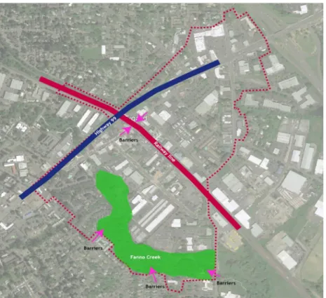 Figure 2: Barriers separating Downtown Tigard from other areas. 