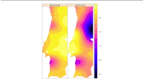 Fig. 7 Space kriging maps at two arbitrary days: 2012-06-30 (left) and 2012-12-31 (right).