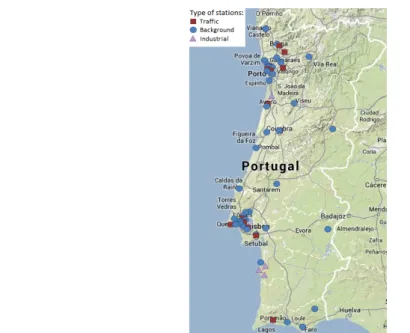 Fig. 1 Location and type of site of the stations in the area studied (Portugal).