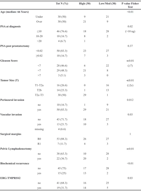 Table 1: Clinical pathological features in high and low/intermediate risk prostate cancer patients