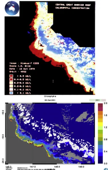 Fig. 3. Examples of Chl-a satellite images from the ﬁrst and second generations of ocean color sensors