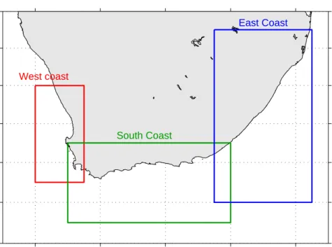 Figure 2.3: A map showing the bounding boxes for the three regions of interest, including the west coast (red), south coast (green) and the east coast (blue).