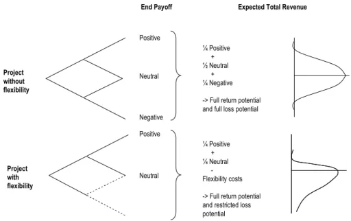 Figure 2-2: IT project value with and without managerial flexibility (Scialdone 2007)