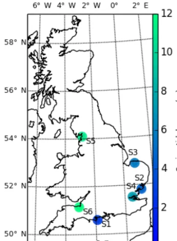 Figure 2. This map shows the six sites selected from the lidar col-lection of the UK environment agency, coloured by spring tidalrange