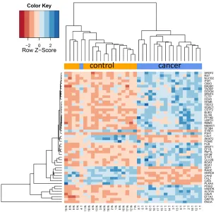 Figure 2A: Cluster heat map of 20 most differentially abundant proteins. The heat map shows a clear separation of lung cancer samples on the right hand side and control samples on the left side