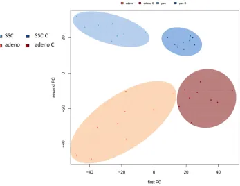Figure 6A: Unsupervised cluster analysis of the 50 most variable proteins for the four groups (adenocarcinoma and paired controls, SCCand paired controls)
