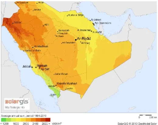 Figure 4-1: High-level map of DNI in Saudi Arabia  Source: Solar GIS, 2016 [8] 