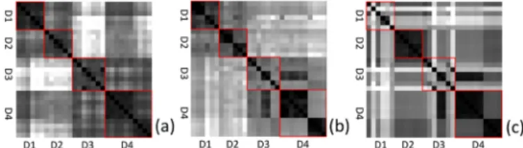Fig. 18. 2C: Similarity matrices evaluated by (a) our method, (b) our method without pruning self-connecting edges, (c) our method with an alternative keyframe selection strategy.