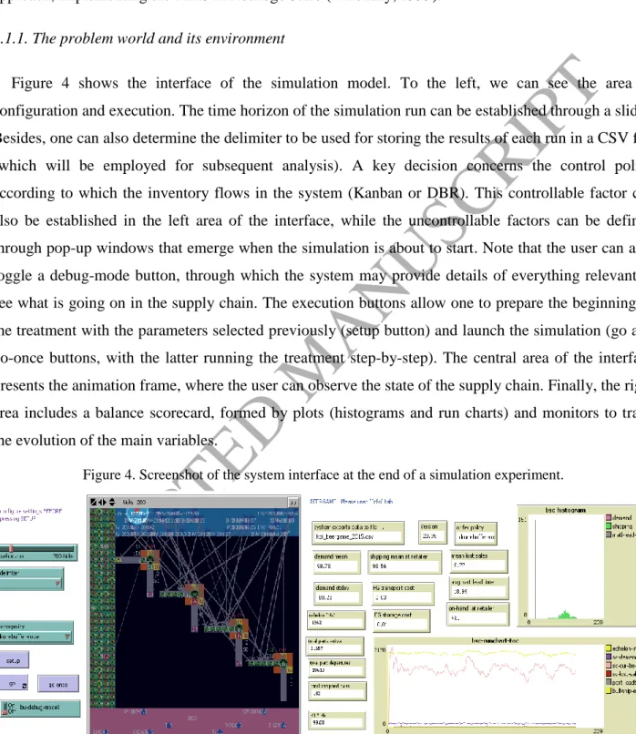 Figure  4  shows  the  interface  of  the  simulation  model.  To  the  left,  we  can  see  the  area  of  configuration and execution