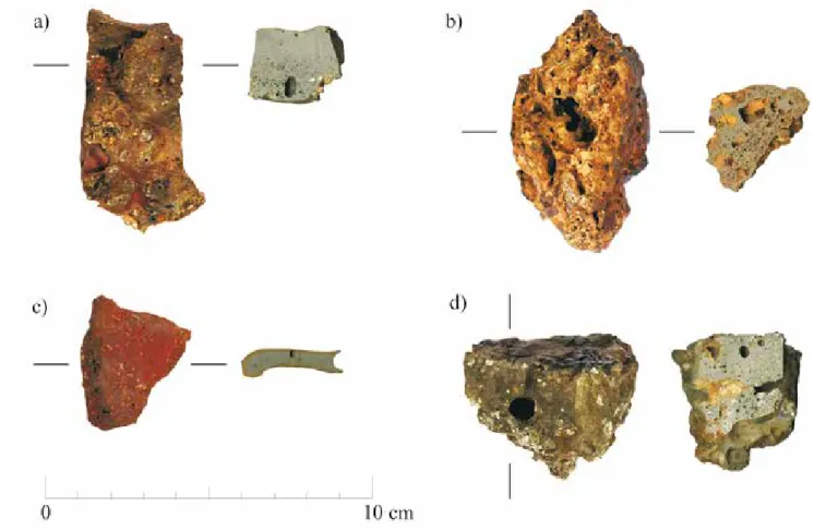 Fig. 2: Types of slags found at the copper smelting site S1: a) ‘Laufschlacke’ (type A); b) ‘Blasenschlacke’ (type B); c) ‘Plattenschlacke’ 