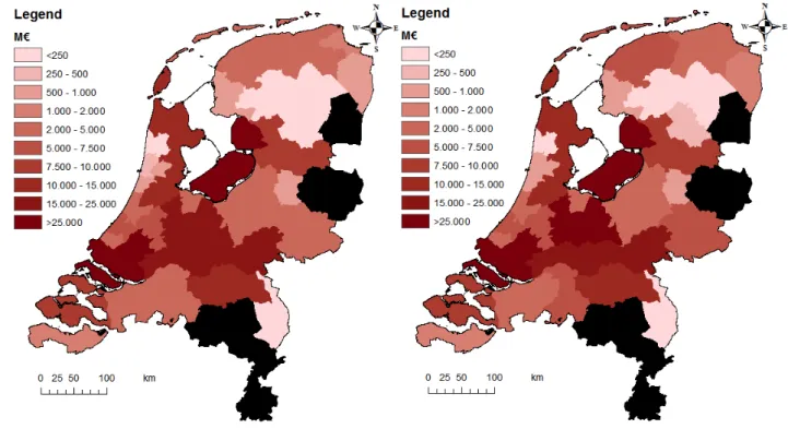 Figure 4.2: Potential damage per COROP region for 2000 and 2008, using the land use based approach