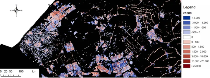 Figure 4.5: Close up of the Rijnmond (below) and The Hague (upperleft) area, showing over appreciation (blue) and  under appreciation (red) of the land use based approach, compared to the object based approach