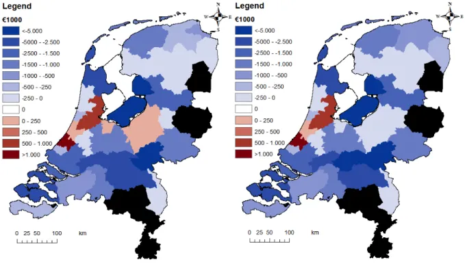 Figure 4.7: Over appreciation (blue) and under appreciation (red) of the land use based approach, compared to the  object based approach, per COROP-region for the years 2000 (left) and 2008 (right)