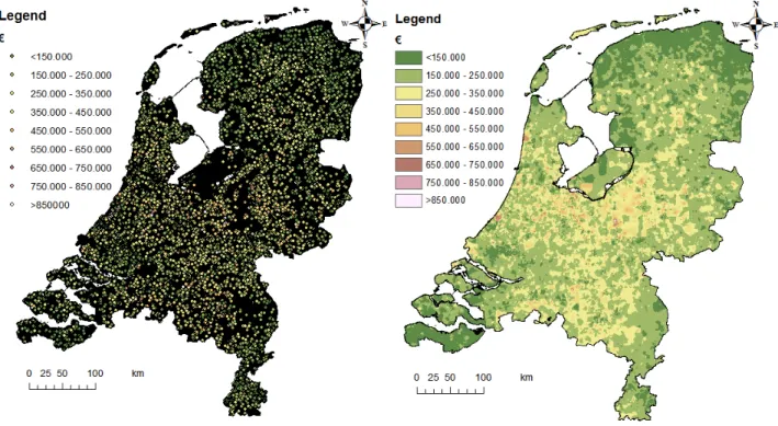 Figure 3.4: House sales prices provided by the NVM on the left, interpolation of these data points on the right