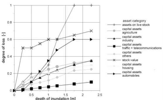 Figure 2:   Depth-damage-functions for different asset categories   (based on Klaus &amp; Schmidtke 1990) 
