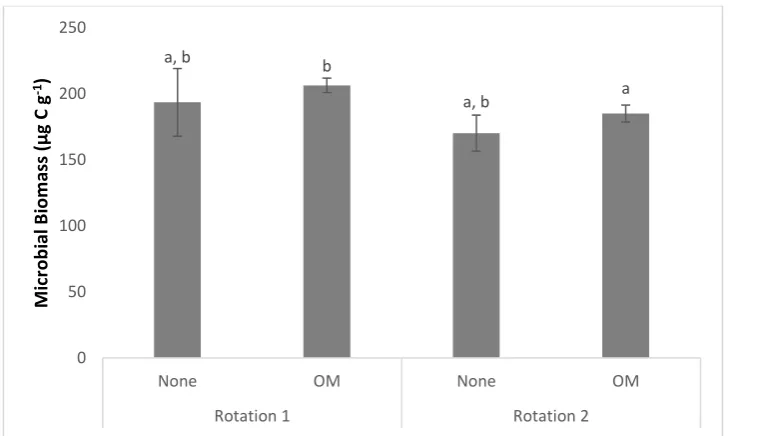 Figure 4.1.14. Microbial biomass means (error bars signify SE; n=4 where no OM was applied and 48 where applied) from the autumn 2014 sampling period showing the “Rotation x OM” interaction effect