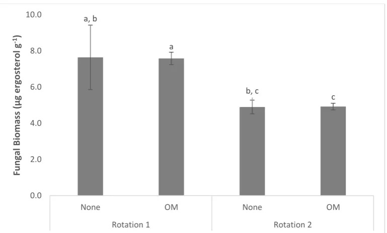 Figure 4.1.17. Fungal biomass means (error bars signify SE; n=4 where no OM was applied and 48 