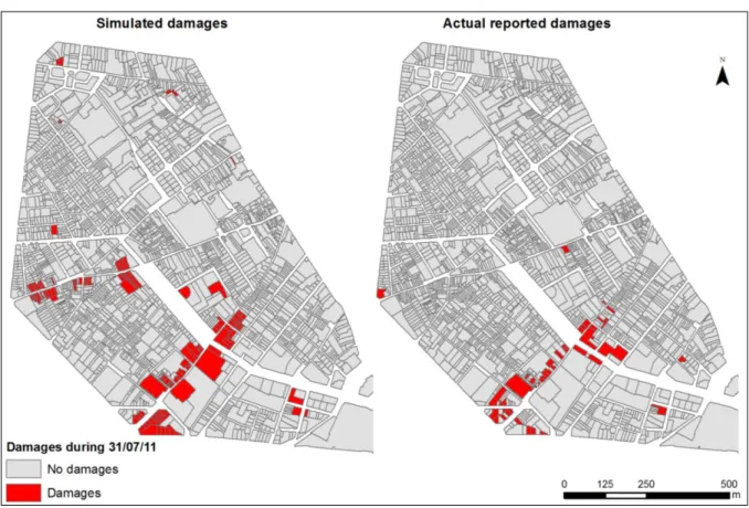 Figure 2-8. Spatial pattern of damages from the 31/07/2011 flood. Simulated damages (left) present very  similar pattern than the actual reported damages od the CCS (right)