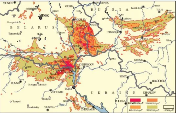 Figure 2.17: Surface ground deposition of  137 Cs after the Chernobyl accident. Based on  IAEA, 2006 