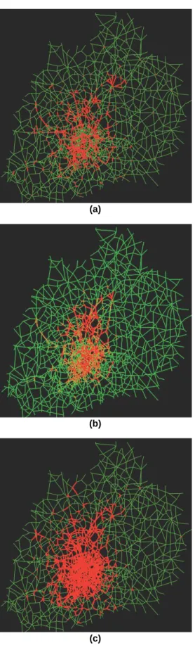 Figure 2. (a) typical spatial congestion patterns of the  ITD setting; (b) typical spatial congestion patterns of  the  ATD  setting;  (c)  typical  spatial  congestion  patterns of the ETD setting