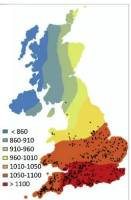 Fig. 3. Current solar farms (REPD 2015) compared to total interpolated GHI kWh/m 2 / annum.