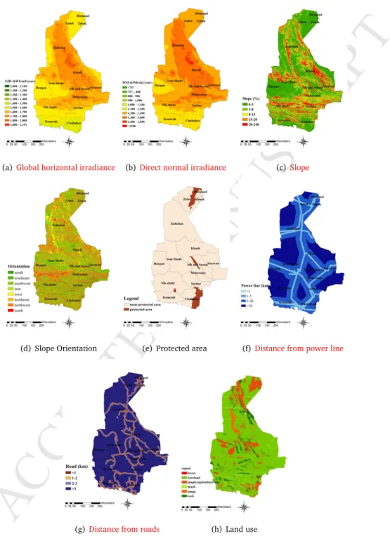 Figure 3. Physical factors of the study area h) Land use g) Buffer from roads 