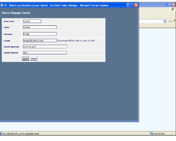 Figure 8.6 :  İTÜ – Web Group Decision Support System – Add New Project                         Manager Page 