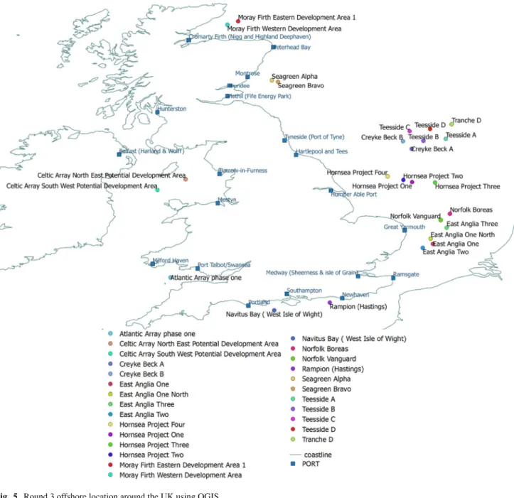 Fig. 5 Round 3 offshore location around the UK using QGIS