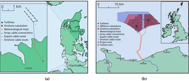 Figure 3. Differences in topology and design complexity between two OWFs. (a) Vindeby wind farm [10]; (b) Gwynt y Môr wind farm [23].