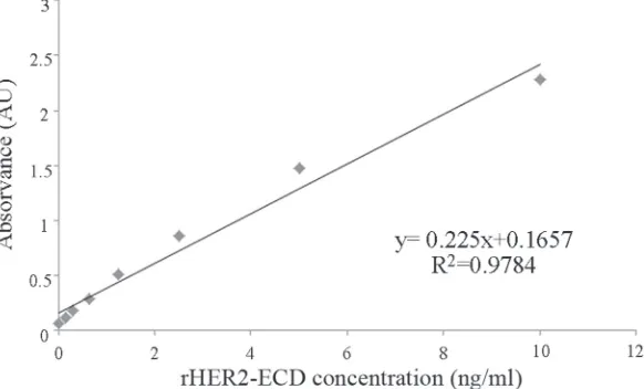 Figure 1: standard curve for sHer2 measurements using a commercial elIsA kit. The intra and inter-assay coefficients of variation were < 10%.