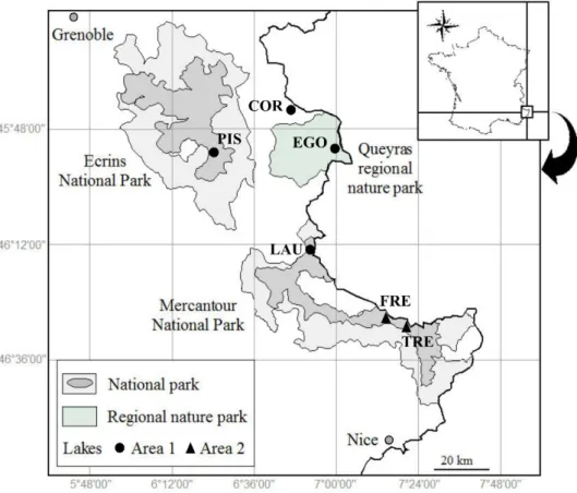 Fig. 1. Location of the six French Alpine lakes studied.