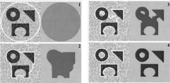 Figure 2.16:  Different  shaped  parts  detection  from  a  noisy  image,  with  different  segmentation models 