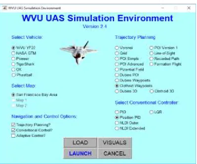 Figure 11.  WVU UAS simulation figure environment mission scenario setup menu. 
