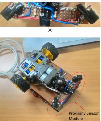 Fig.  7  (a)  Preparing  the  proximity  sensor  module  (b)  The  module  has  been attached to the PCB 1 as shown, where the robot was turned upside  down