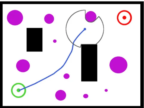 Figure 1: Sample map with static obstacles in black and dynamic obstacles in pink.