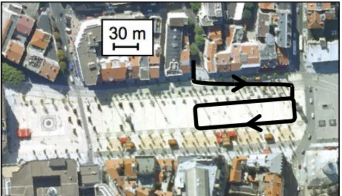 Fig. 6. City center of Clermont Ferrand, with one of the navigation paths where the urban experiments have been carried out.