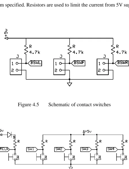 Figure  4.5  below  shows  the  schematic  of  contact  switch.  Each  of  the  switch  signal  (SWT1,  SWT2,  and  SWT3)  will  be  send  to  microcontroller for it to  know which algorithm will be used based on the  program specified