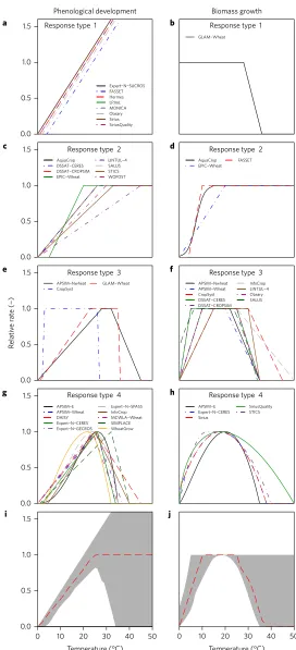 Figure 1 | Temperature response functions in 29 wheat simulation models.eresponses of all models, with red lines representing the median and shaded area the 10% and 90% percentiles for the 29 models
