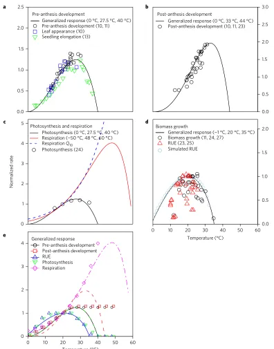 Figure 4 | Derived temperature responses of various physiological processes. a–d, The relative rates of pre- (a), and post- (b) anthesis development,photosynthesis and respiration (c) and biomass growth or RUE (d), calculated with data from the literature 