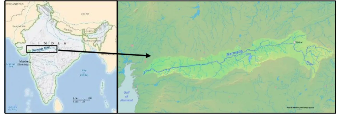 Fig 3.1: Map showing the location of the study area along with its general course and some tributaries 
