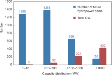 Fig. 7. Number and capacity distribution of future hydropower dams.