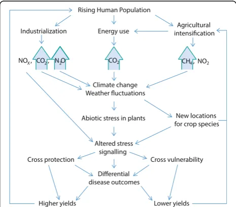 Fig. 3. Schematic representation of the various factors that mayimpact plant–pathogen interactions via anthropogenic changes inatmospheric composition